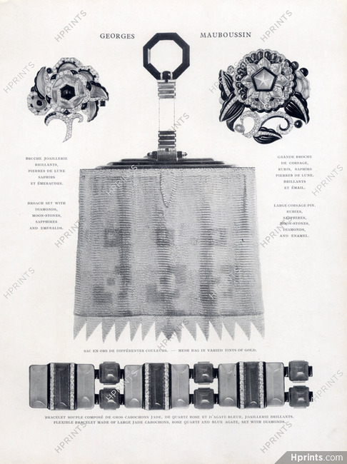 Mauboussin (High Jewelry) 1927 Broche, Sac en ors, Bracelet (cabochons jade, quartz rose, agathe bleue)
