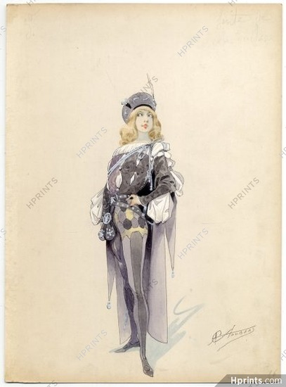Alfred CHOUBRAC 1896 Costume Design ''Les Amoureux de Venise'' Gouache, Page, François Ier