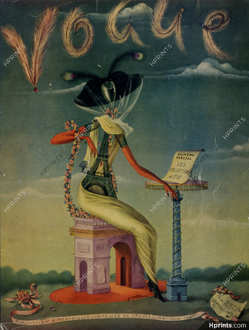 Vogue Cover Mai-Juin 1947 Giulio Coltellacci, Hermès, Annie Beaumel, Surrealism, Eiffel Tower