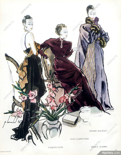 Pierre Louchel 1946 Jacques Fath, Mad Carpentier, Pierre Balmain, evening gown, Staron