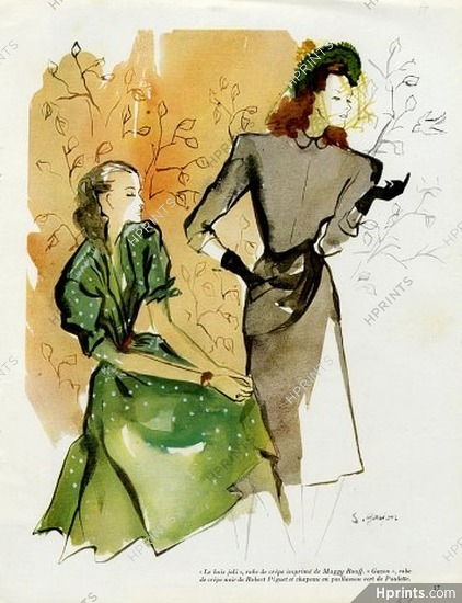 Maggy Rouff & Piguet 1947 Fashion Illustration by S. Goujon