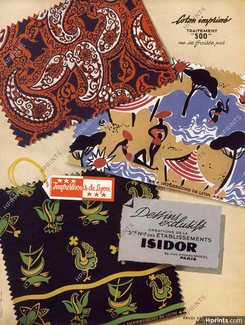 Isidor (Fabric) 1952 Impressions de Lyon, Dessin Boucherat, Textile Design