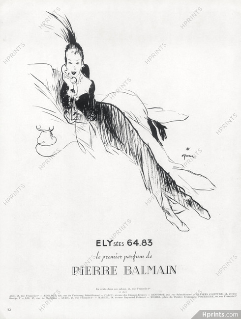 Pierre Balmain (Perfumes) 1947 René Gruau, Elysées 64-83 (version B)