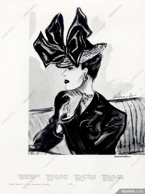 Schiaparelli 1939 S. Chompré, Fashion Illustration Black Hat