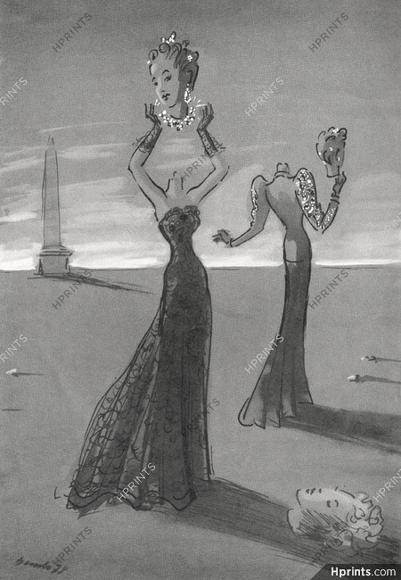 Eduardo Garcia Benito 1938 Chanel & Schiaparelli, lace black evening gown