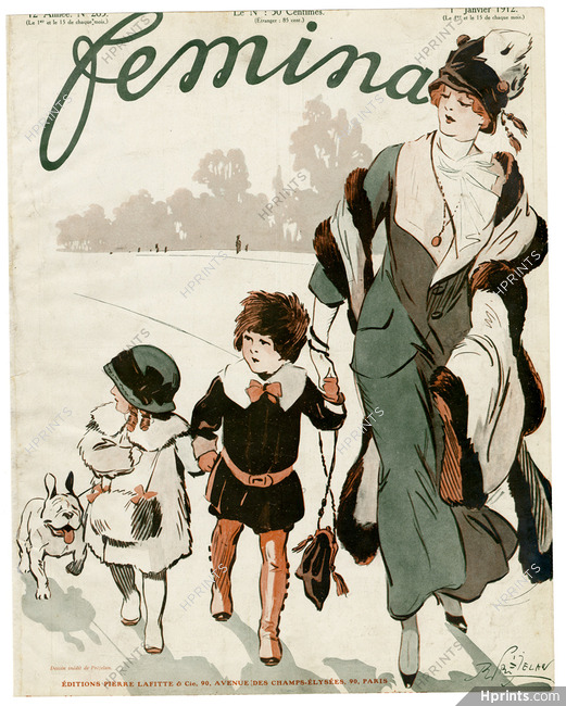 René Préjelan 1912 Femina Cover, French Bulldog, Children, Elegant Parisienne