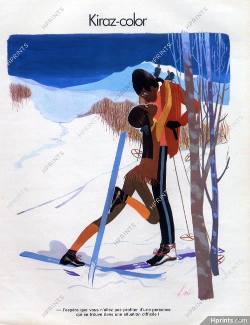 Edmond Kiraz 1973 ski instructor and his student, Kiss, winter sports
