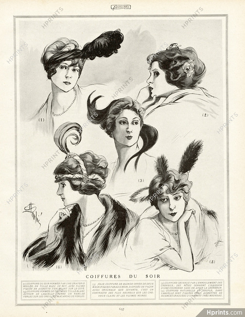 Soulié 1912 Coiffures du Soir, Hairstyles, Feathers