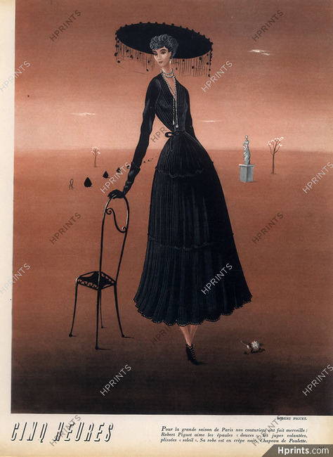 Robert Piguet 1948 Robe noire, Chapeau Paulette, A. Barlier