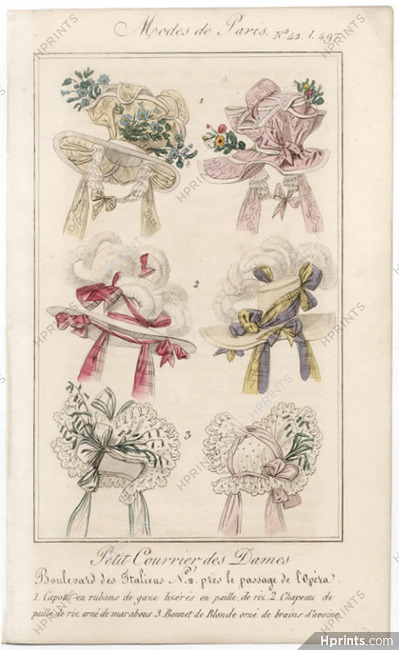 Petit Courrier des Dames 1827 N°497 Modes de Paris, Hats
