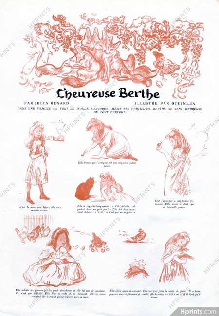 Steinlen 1904 "Heureuse Berthe" Jules Renard, spider, snail, chick, duck