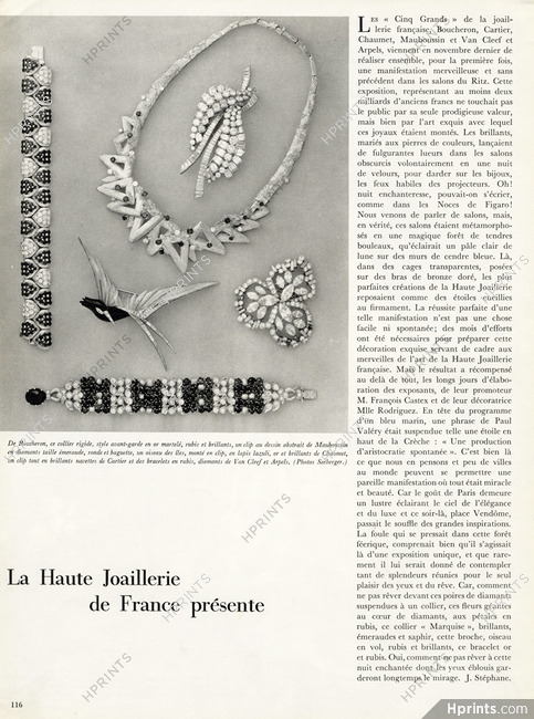 La Haute Joaillerie de France présente, 1963 - Cartier, Boucheron, Chaumet, Mauboussin Necklace, Clip Bird, Bracelets, Brooch, Text by J. Stéphane, 1 pages