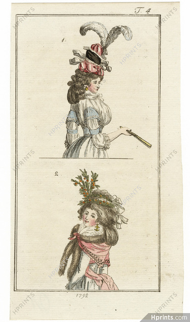 Journal des Luxus und der Moden 1792 n°4 Rococo Hats, Rare Hand-colored engraving