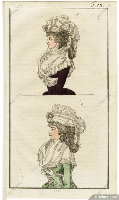 Journal des Luxus und der Moden 1793 n°13, Bonnets, Hand-colored engraving
