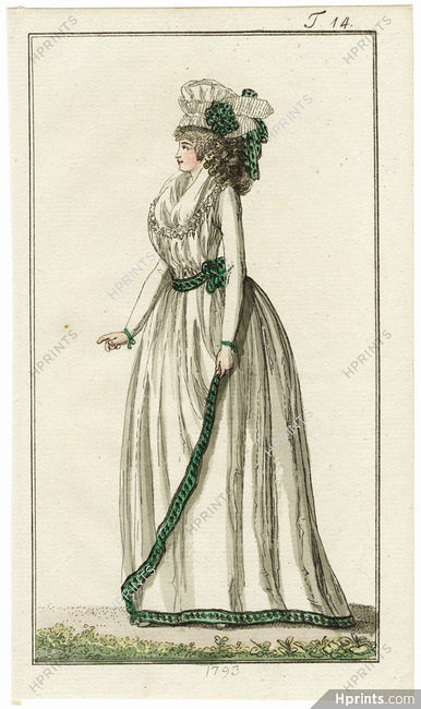 Journal des Luxus und der Moden 1793 n°14, Enchanting Dress with Bonnet, Hand-colored engraving