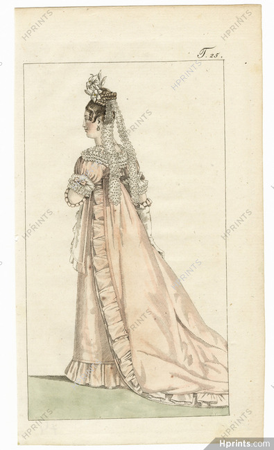 Journal des Luxus und der Moden c.1800 n°25, Festive Robe Train Headdress, Hand-colored engraving
