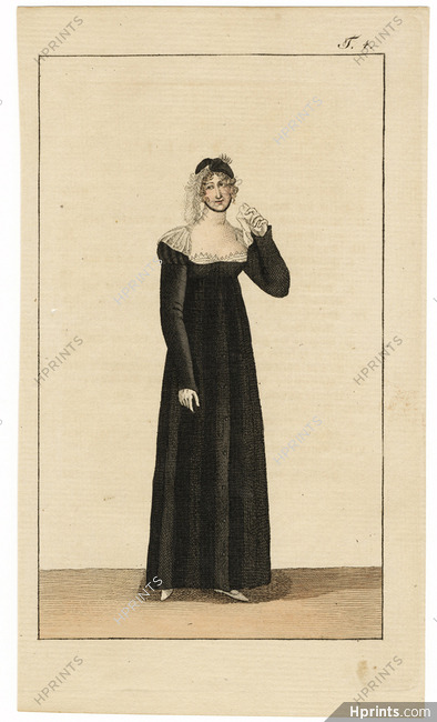 Journal des Luxus und der Moden c.1800 n°4, Mourning Widow Black Dress, Empire, Hand-colored engraving