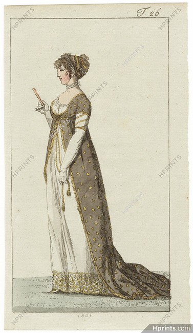 Journal des Luxus und der Moden 1801 n°26, Elegant dress with jacket Empire, Hand-colored engraving