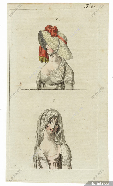 Journal des Luxus und der Moden 1802 n°21, Veil Straw hat Empire, Hand-colored engraving