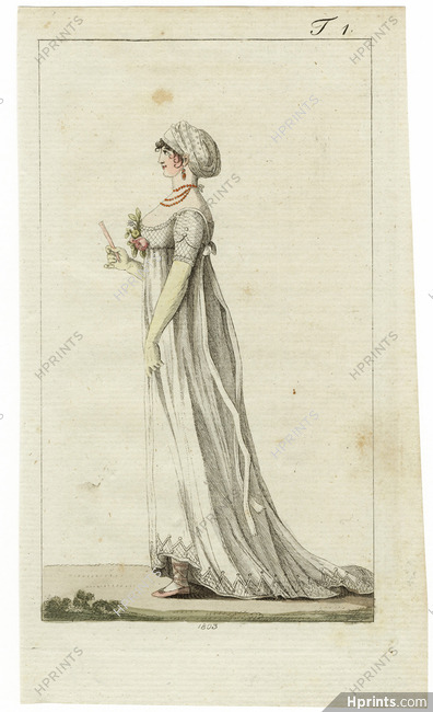 Journal des Luxus und der Moden 1803 n°1, Wife in Empire style Chemise bonnet, Hand-colored engraving