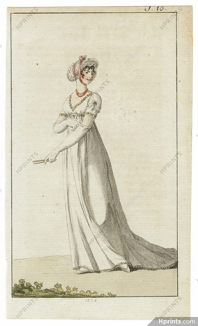 Journal des Luxus und der Moden 1804 n°10, Pretty girl in Empire Hood Hat Dress, Hand-colored engraving