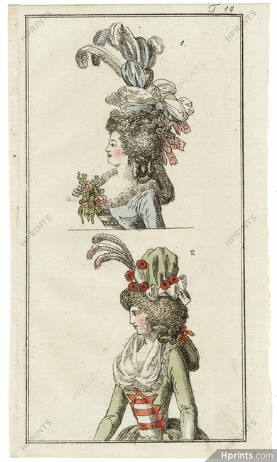 Journal des Luxus und der Moden 1791 n°14 Rococo Hats, Rare Hand-colored engraving