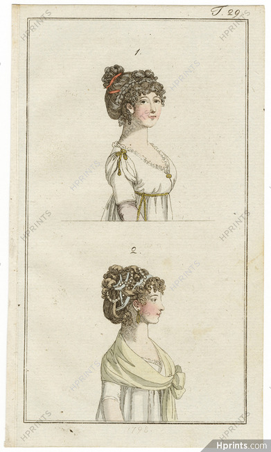 Journal des Luxus und der Moden 1798 n°29, Hairstyles Hair Pearls, Hand-colored engraving