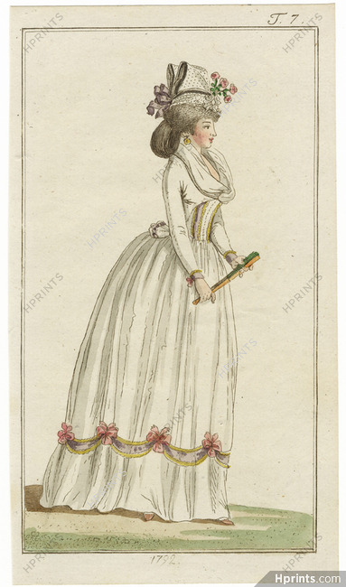Journal des Luxus und der Moden 1792 n°7 Corset, Crinoline, Rare Hand-colored engraving