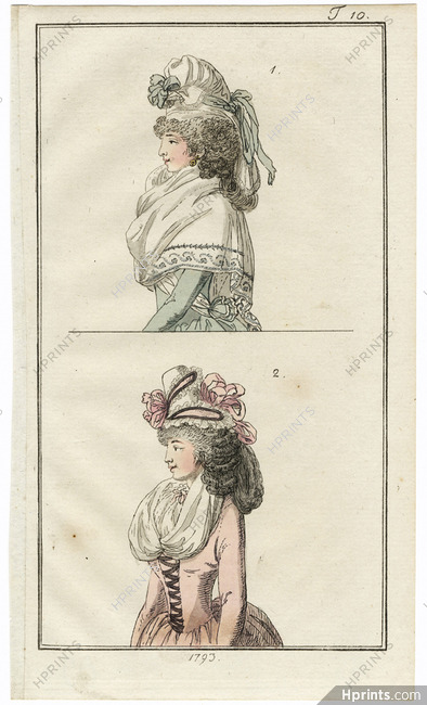 Journal des Luxus und der Moden 1793 n°10 Women's hats, Hand-colored engraving