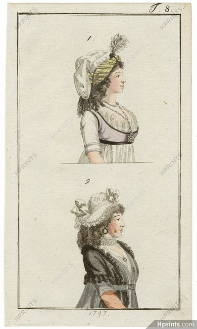 Journal des Luxus und der Moden 1797 n°8 Women's hats, Hand-colored engraving