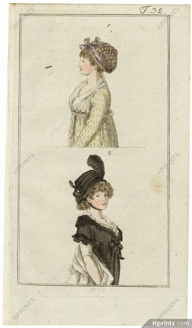 Journal des Luxus und der Moden 1798 n°32 Women's hats, Hand-colored engraving
