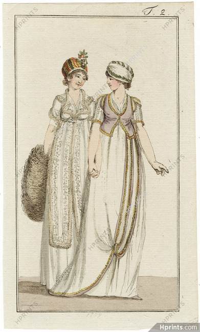Journal des Luxus und der Moden 1799 n°2 Two Women Holding Hands, Rare Hand-colored engraving