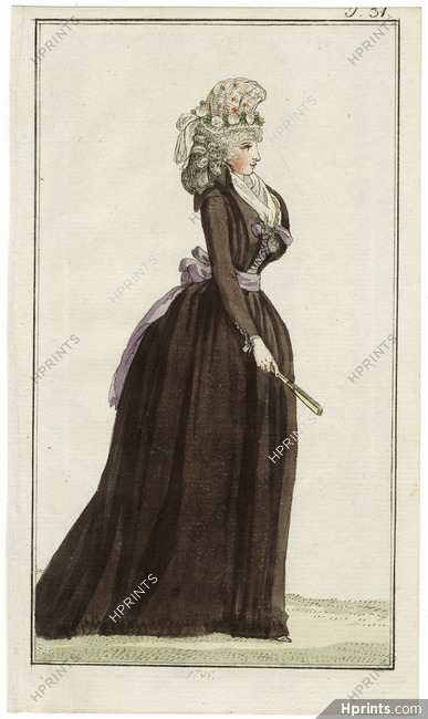 Journal des Luxus und der Moden 1799 n°31 Dark Brown Crinoline Gown, Corset, Pendant, Hand-colored engraving