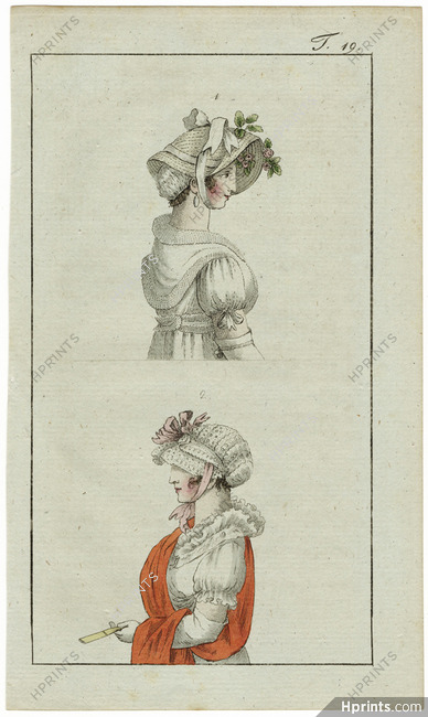 Journal des Luxus und der Moden circa 1800 n°19 Hats, Hand-colored engraving