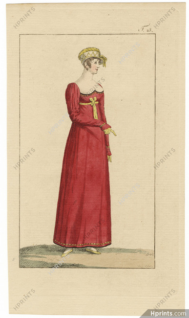 Journal des Luxus und der Moden circa 1800 n°23 Red Dress, Hand-colored engraving