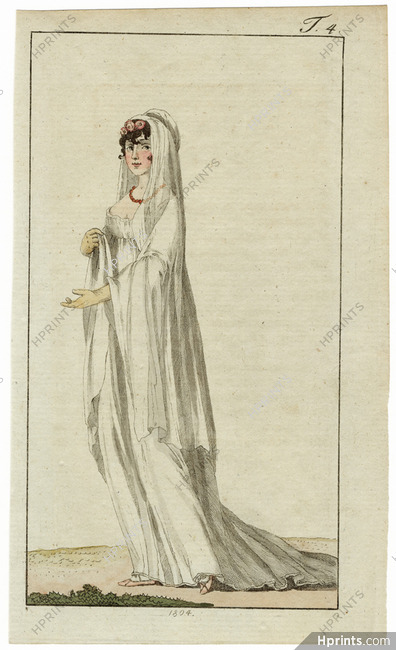 Journal des Luxus und der Moden 1804 n°4 Bride Empire style Wedding Dress, Hand-colored engraving