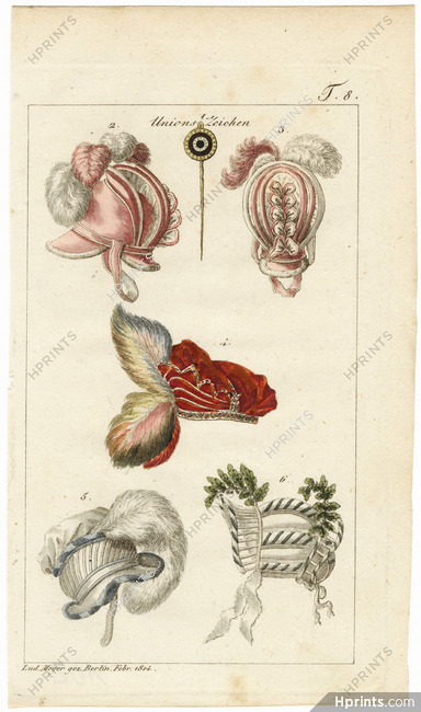 Journal des Luxus und der Moden 1814 n°8, Hats, Hand-colored engraving