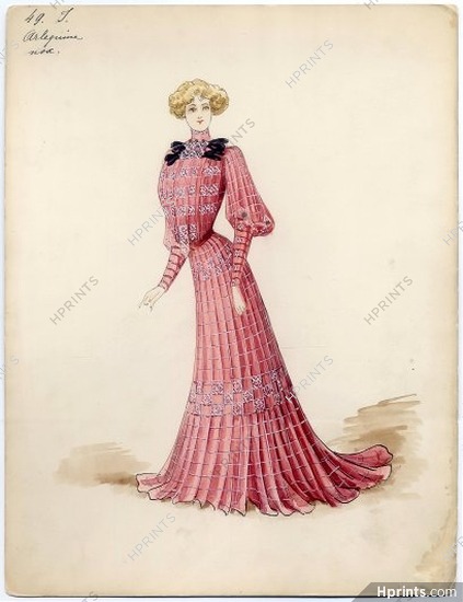Doeuillet (Couture) 1900 Original Fashion Drawing "Arlequine", gouache. 18 Place Vendôme