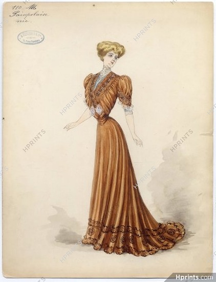 Doeuillet (Couture) 1901 Original Fashion Drawing "Paimpolaise", gouache. 18 Place Vendôme