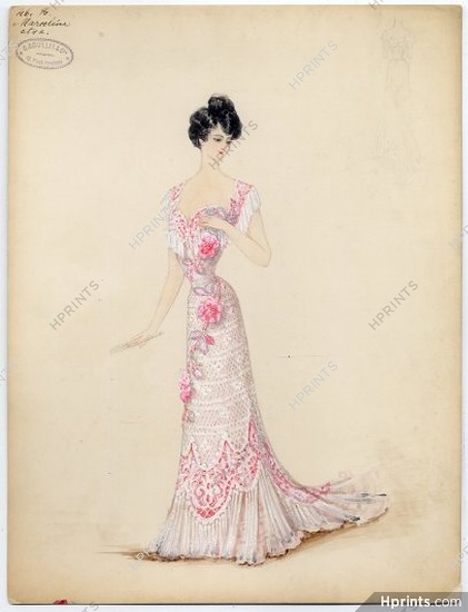 Doeuillet (Couture) 1900 Original Fashion Drawing "Marceline", gouache. 18 Place Vendôme
