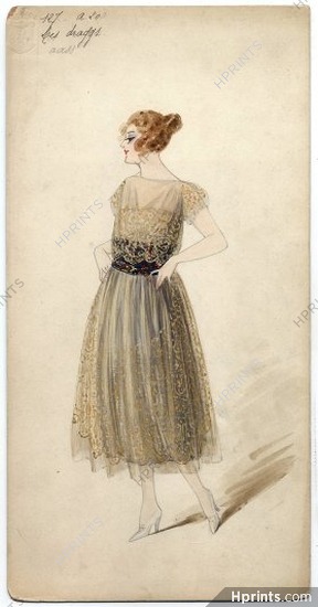 Doeuillet (Couture) 1916 Original Fashion Drawing "Les Draggs", gouache. 24 Place Vendôme