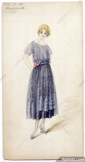 Doeuillet (Couture) 1916 Original Fashion Drawing "Armenonville", gouache. 24 Place Vendôme