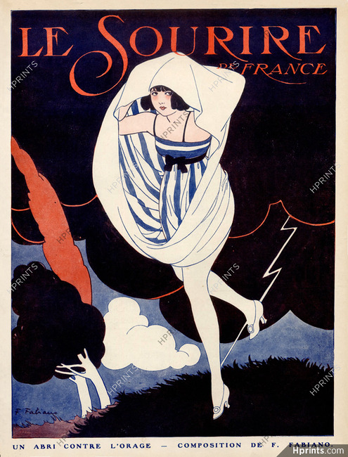 Fabien Fabiano 1919 "Un abri contre L'orage" Attractive Girl, shelter against the storm