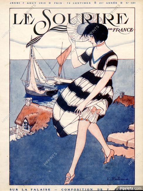 Fabien Fabiano 1919 "Sur la Falaise" fishing boats, Wind, Attractive Girl