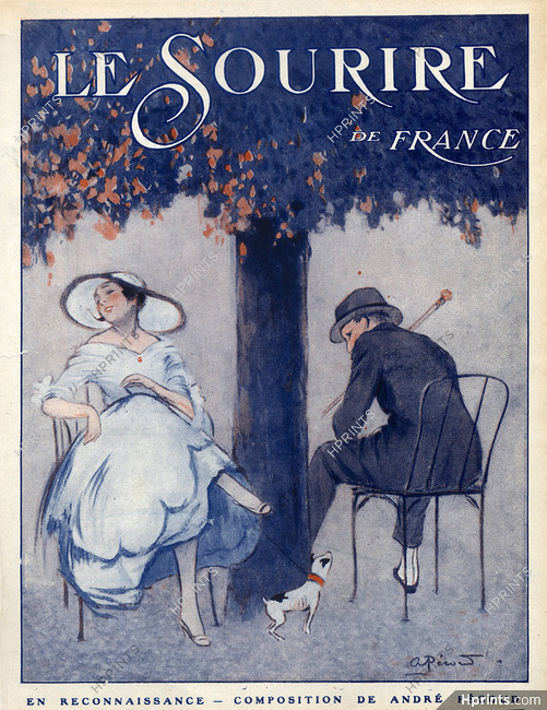 André Pécoud 1919 "En reconnaissance" Elegant Parisienne, Dog