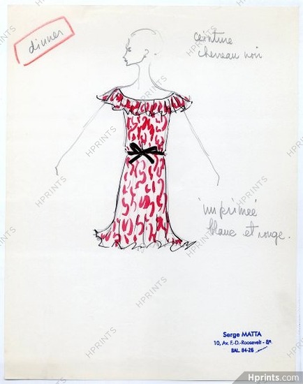 Serge Matta 1960 Fashion House Paris, Original Fashion Drawing N°28