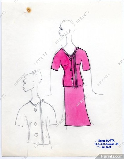 Serge Matta 1960 Fashion House Paris, Original Fashion Drawing N°45
