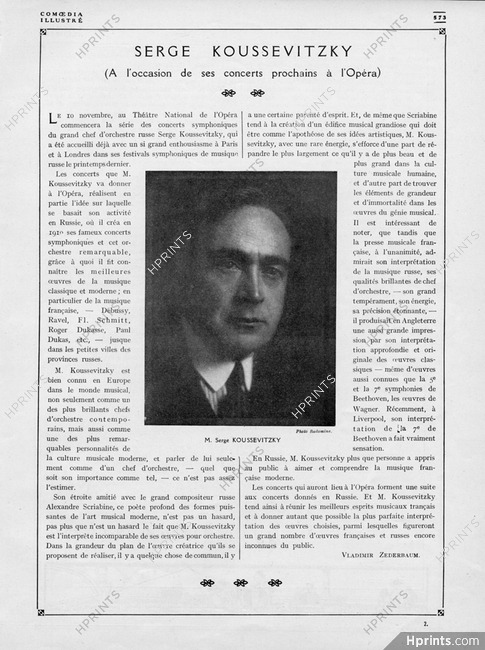 Serge Koussevitzky, 1921 - chef d'orchestre, conductor, Artist's Career, Texte par Vladimir Zederbaum