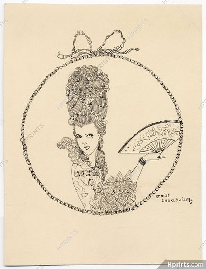 Denise Charleville 1929 Original Drawing, Portrait, 18th Century Costumes, Hand Fan