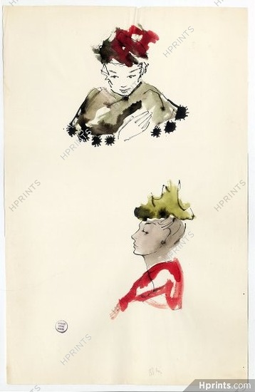 Serge Matta 1950s Hats, Original Fashion Drawing